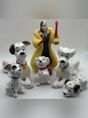 Vintage Disney 101 Dalmatians with Cruella de Vil & Puppies Ceramic Figurines